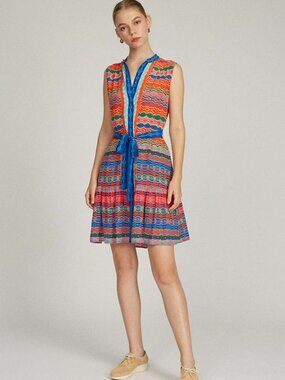 Saloni Tilly 100% Silk Mini Dress Rainbow Spectrum Belted Shirt Dress NWT US 2